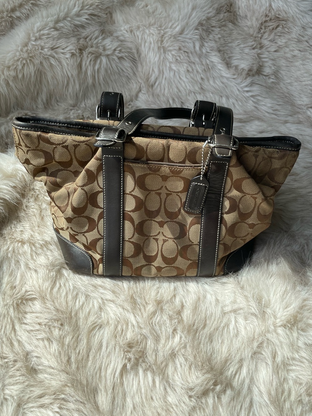 Coach Signature SOHO Canvas Mini Tote in Tan and Dark Brown